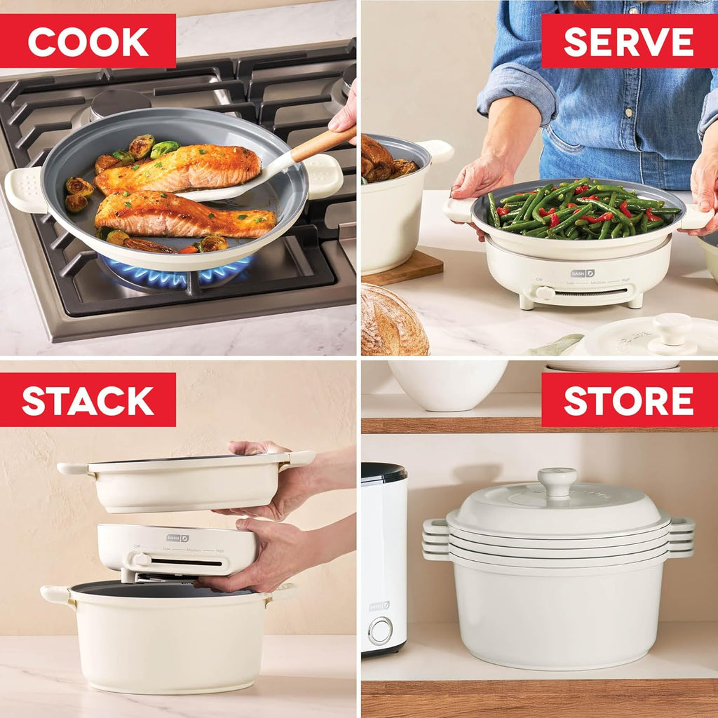Dash Stacks Stacking Cookware Set with Electric Burner - Features CleanCoating™ Ceramic Nonstick Coating - Versatile, Nestable Pieces - Convenient Storage - Cream, 16-Piece