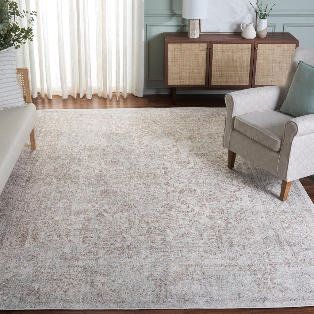 SAFAVIEH Evoke Collection Area Rug - 9' Square, Ivory & Taupe, Distressed Design, Non-Shedding & Easy to Clean, Ideal for Living Room, Bedroom, Dining Space (EVK256E)