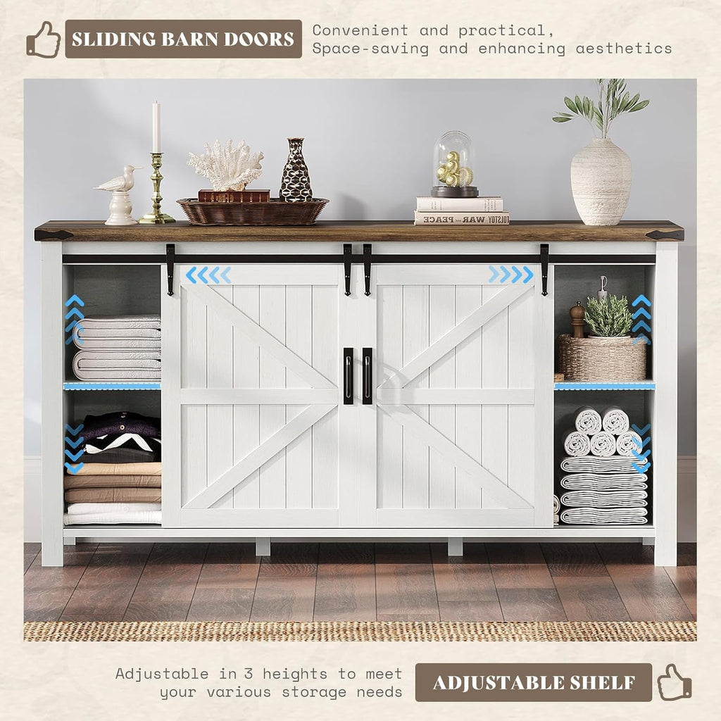 AMERLIFE 60" Farmhouse Dresser with Sliding Barn Doors, Rustic Dresser TV Stand with 4 Drawers, Storage Organizer for Bedroom/Entryway, Distressed White