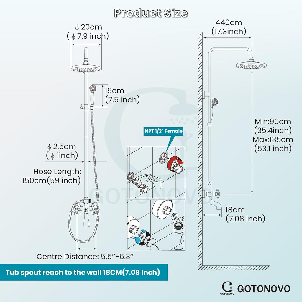 gotonovo Exposed Shower Faucet Set 8 Inch Rainfall Showerhead 3-Function Shower Fixture with Tub Spout 2 Corss Handles Shower System, Polish Gold