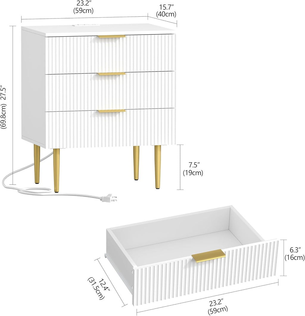 Akxomel 3 Drawer Nightstand with Charging Station, 23.2" W Large Fluted Night Stand, Modern Bedside Table with USB Ports and Outlets, for Bedroom, White and Gold
