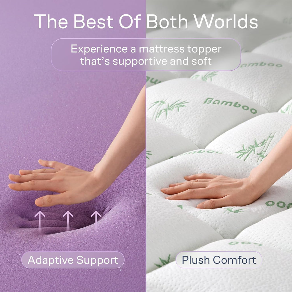 Dual-Layer 4 Inch Queen Size Mattress Topper - 2” Memory Foam + 2” Viscose Made from Bamboo Mattress Pad - Double the Comfort & Back Support - Removable & Machine-Washable Cover, Green