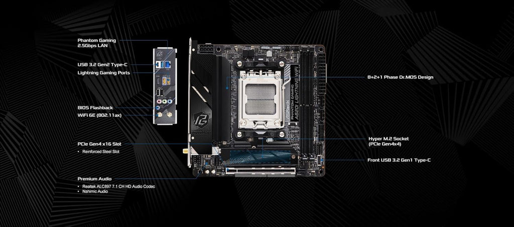 ASRock A620I Lightning WiFi AMD AM5 Mini-ITX Motherboard, Supports AMD Ryzen 9000/8000/7000 Series Processors, DDR5 7200+ (OC), PCIe 4.0, 2.5G LAN, WiFi 6E, 8+2+1 Power Phase