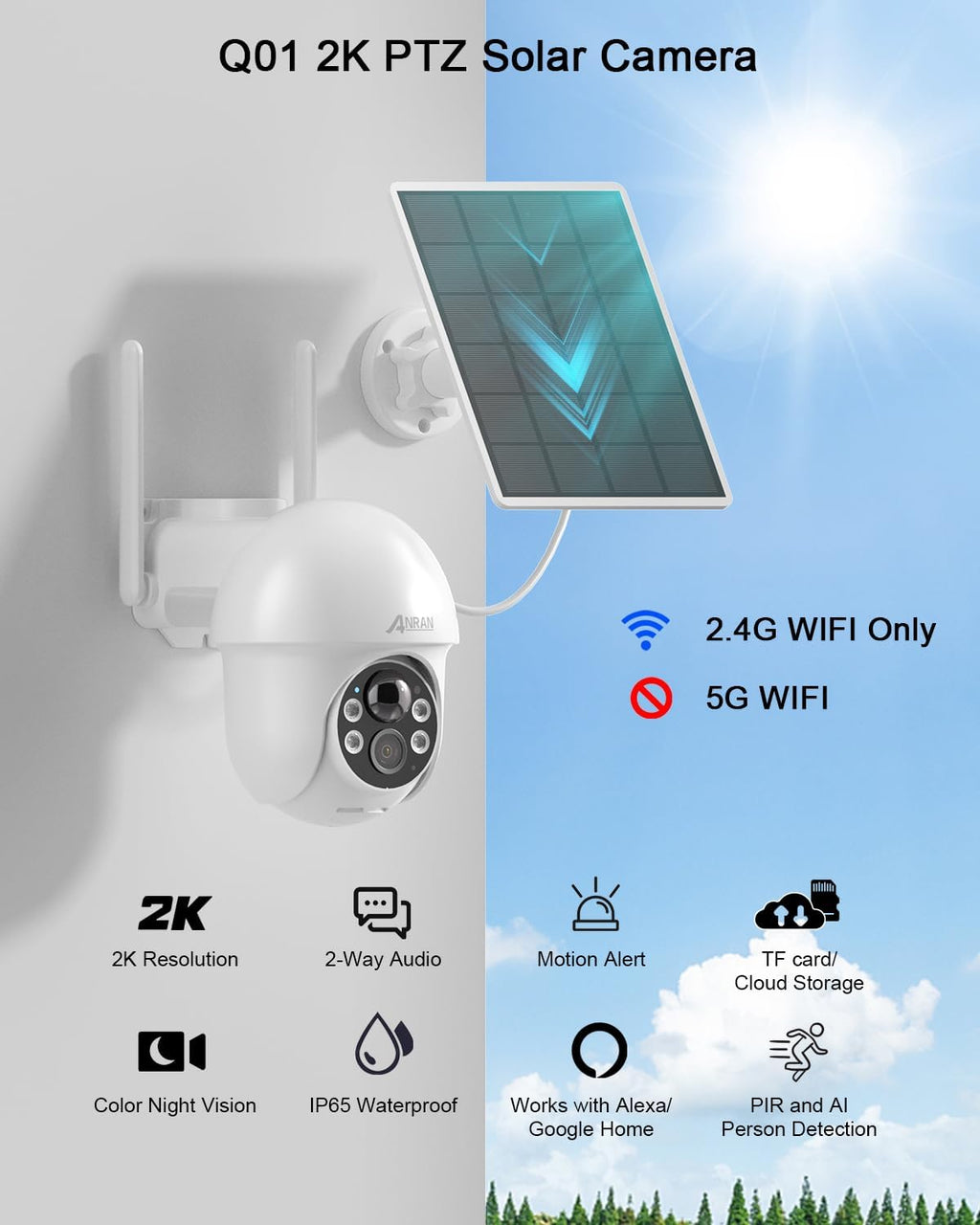 ANRAN 2K Security Camera Wireless Outdoor, Solar Outdoor Camera with 360° View, Smart Siren, Spotlights, Color Night Vision, PIR Human Detection, Pan Tilt Control, 2-Way Talk, Q01W 2 Packs