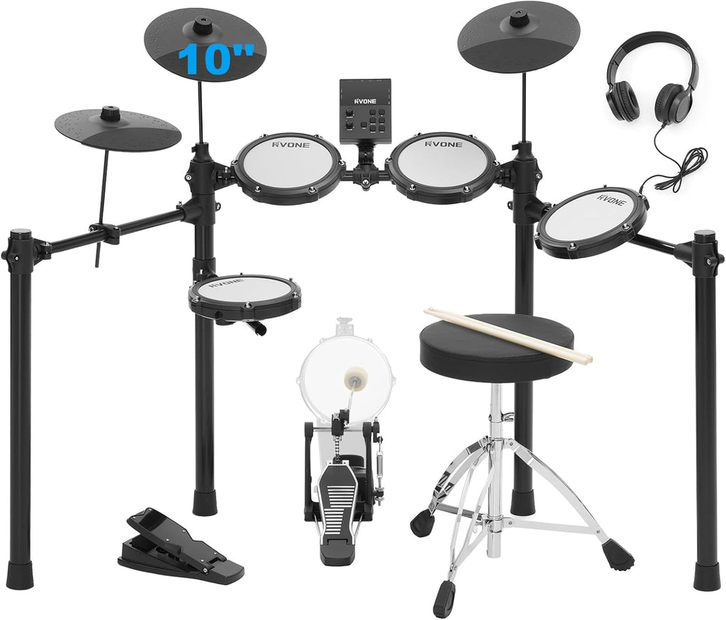 RVONE Electric Drum Set with Kick Hammer Pedal, Electronic Drum Kit for Kids Adult Beginner with 150 Sounds, 10" Cymbals, 4 Quiet Mesh Pads, all-in-one drum set with Throne, Headphones, Sticks