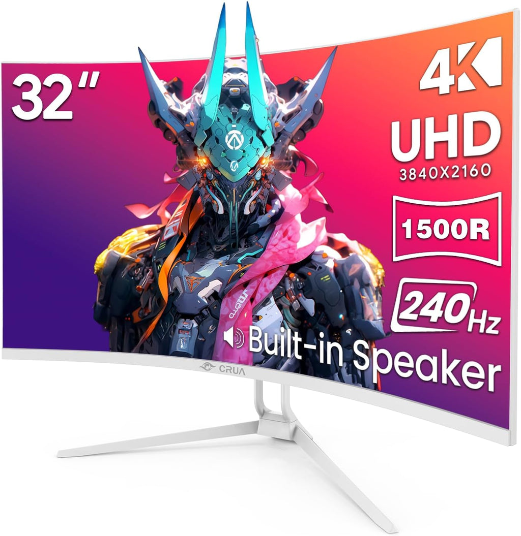CRUA 32" Curved Gaming Monitor, 4K UHD 3840x2160, 240Hz VA Display, 1500R, AMD FreeSync, 120% sRGB, Built-in Speakers, HDMI 2.1 & DP 1.4, Wall Mountable White PC Monitor for Gaming, Streaming & Work