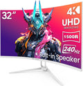 CRUA 32" Curved Gaming Monitor, 4K UHD 3840x2160, 240Hz VA Display, 1500R, AMD FreeSync, 120% sRGB, Built-in Speakers, HDMI 2.1 & DP 1.4, Wall Mountable White PC Monitor for Gaming, Streaming & Work