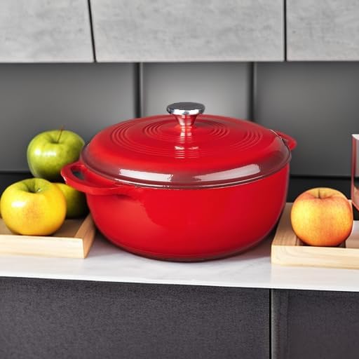 Lodge Essential Enamel Cast Iron Dutch Oven with Lid 7.5 Quart - Oven-Safe Enamel Cookware up to 500° F - Heat-Retaining Braising & Roasting Pot - Non-Toxic Cookware - Island Spice Red