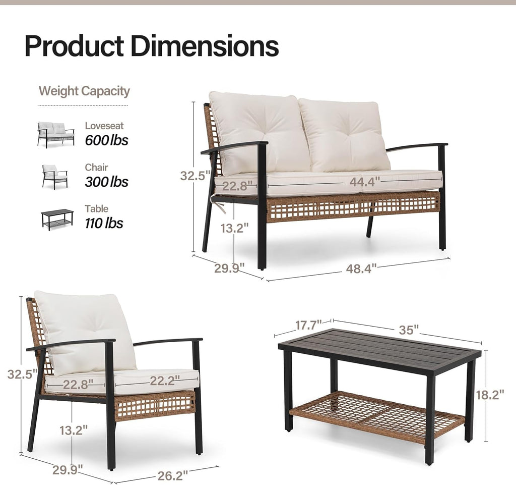 LAUSAINT HOME 4-Piece Patio Conversation Set, Comfortable Oversized Outdoor Furniture Set with Soft Cushion and Storage Metal Coffee Table for Backyard, Porch, Garden and Poolside, Beige