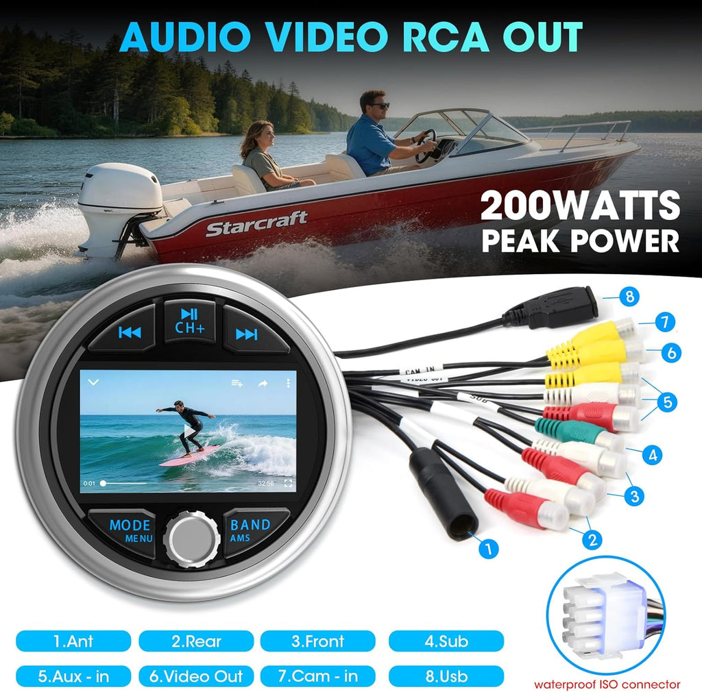 Bluetooth Marine Gauge Stereo System: Waterproof Boat Radio Receiver - 2.8 Inch LCD Display Digital Multimedia MP5 Player AM FM USB AUX Subwoofer 200 Watts Output