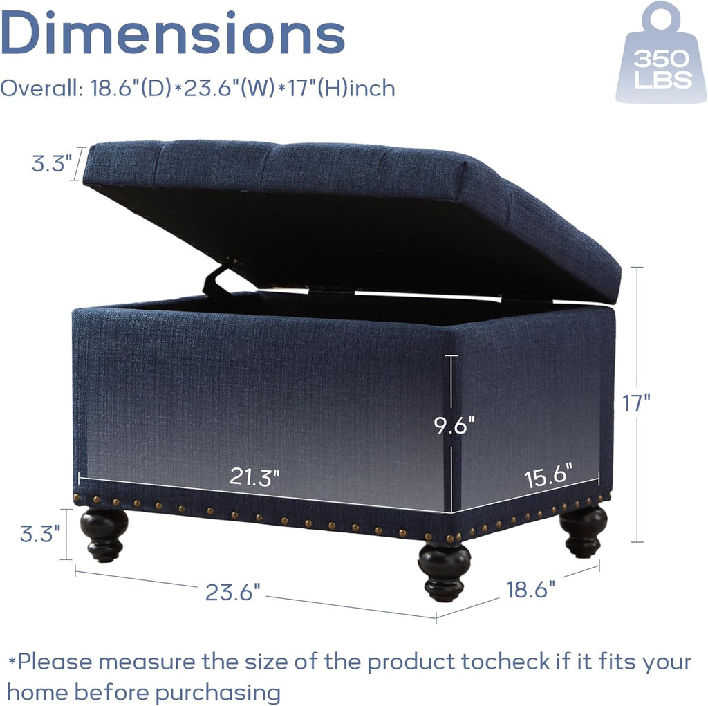 Zihanhome Small Ottoman with Storage, Upholstered Button Tufted Bench, 24" Rectangle Storage Ottoman Foot Rest, Foot Stools, for Living Room, Bedroom, Corners, Dorms and Apartments (Dark Blue)
