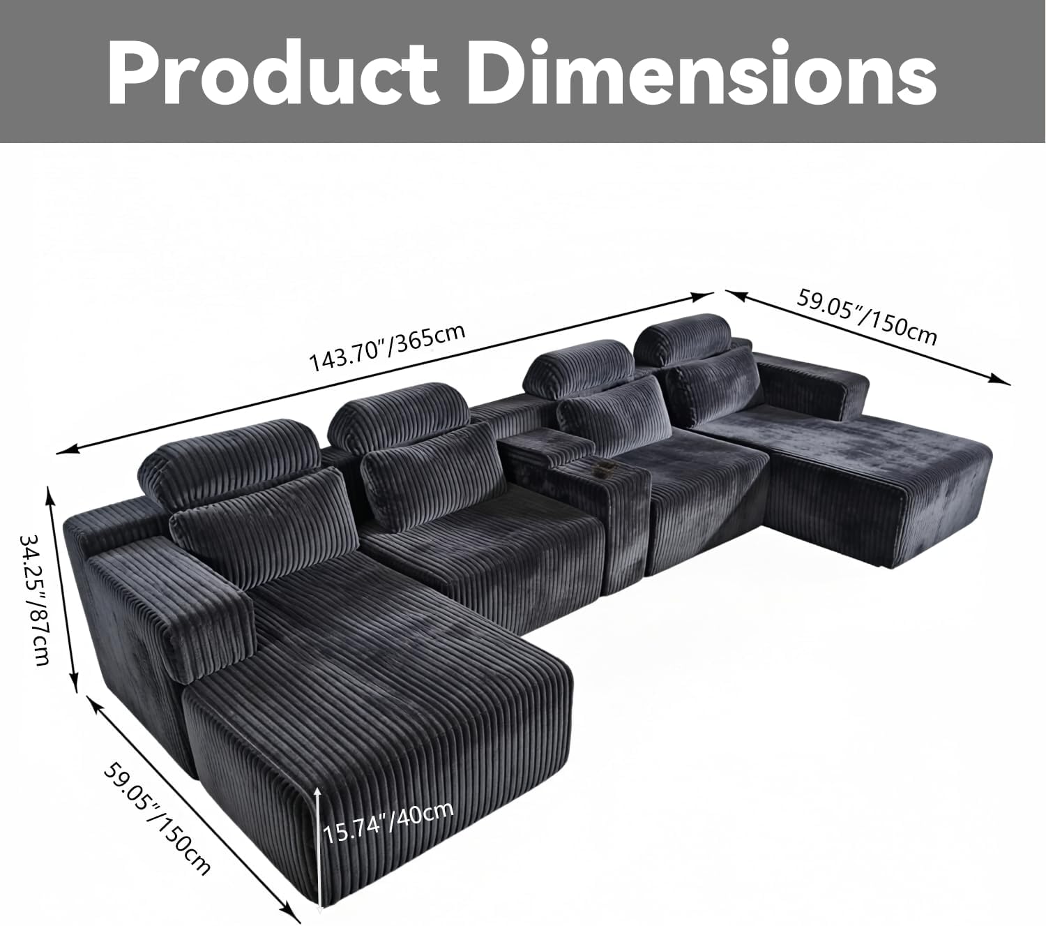 KEIKI Modular Sectional Cloud Couch for Living Room - 143" 6 Seater Convertible Velvet Couches Set with Ottoman, No Assembly Compression Sofa, Comfortable Sofa with Chaise Lounge & Cup Holders, Black