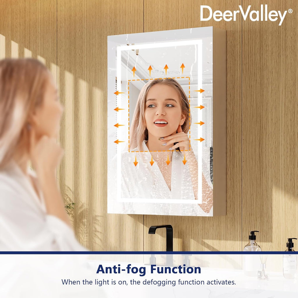 DeerValley 24" W x 36" H Led Lighted Medicine Cabinet with Mirror, Bathroom Medicine Cabinet with Defogger & 3-Color, Wall Mounted Mirrored Medicine Cabinets with Lights