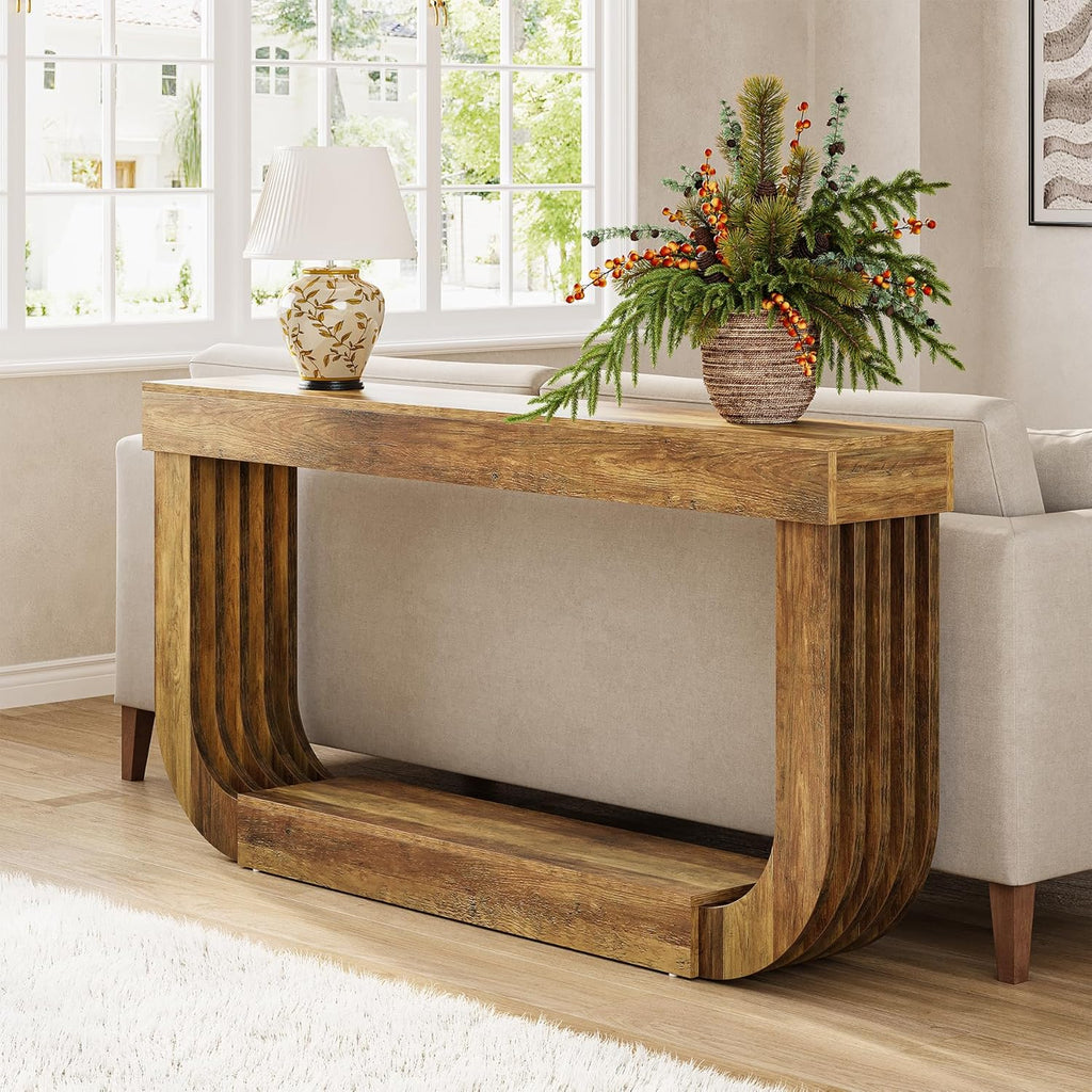 LITTLE TREE 70.9-Inch Extra Long Narrow Console Table, 2-Tier Brown Wooden Sofa Table for Living Room, Large Hallway Foyer Table with Heavy Duty U-Shaped Pedestal