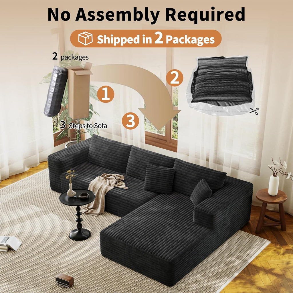 107" Modular Sectional Couches for Living Room, Comfy L-Shaped Boneless Cloud Couch with Chaise, Modern Deep Seat Corduroy Floor Sofa, No Assembly Required (Right Facing Chaise, Black)
