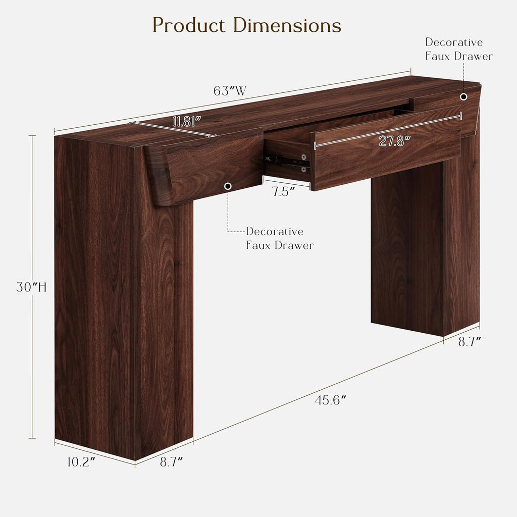 JXQTLINGMU 63" Console Table with Storage Drawer, Modern Entryway Table with Drawers, Thick Wood Legs Design, Sofa Table Behind Couch, Wood Console Tables for Entryway Hallway Living Room, Brown