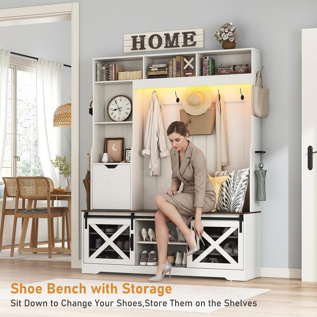75''H LED Farmhouse Hall Tree with Bench and Shoe Storage,Entryway Bench with Coat Rack,16 Shoe Cubbies & Umbrella Holder and Sock Storage Drawer,Mudroom/Hallway Storages Cabinet(white )