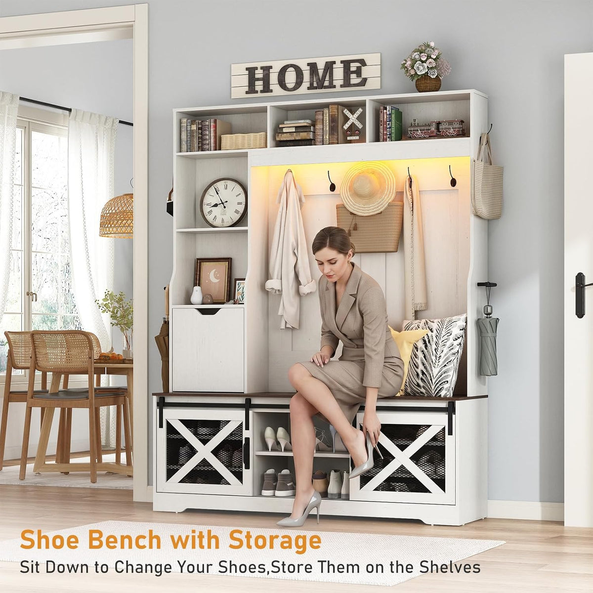 75''H LED Farmhouse Hall Tree with Bench and Shoe Storage,Entryway Bench with Coat Rack,16 Shoe Cubbies & Umbrella Holder and Sock Storage Drawer,Mudroom/Hallway Storages Cabinet(white )