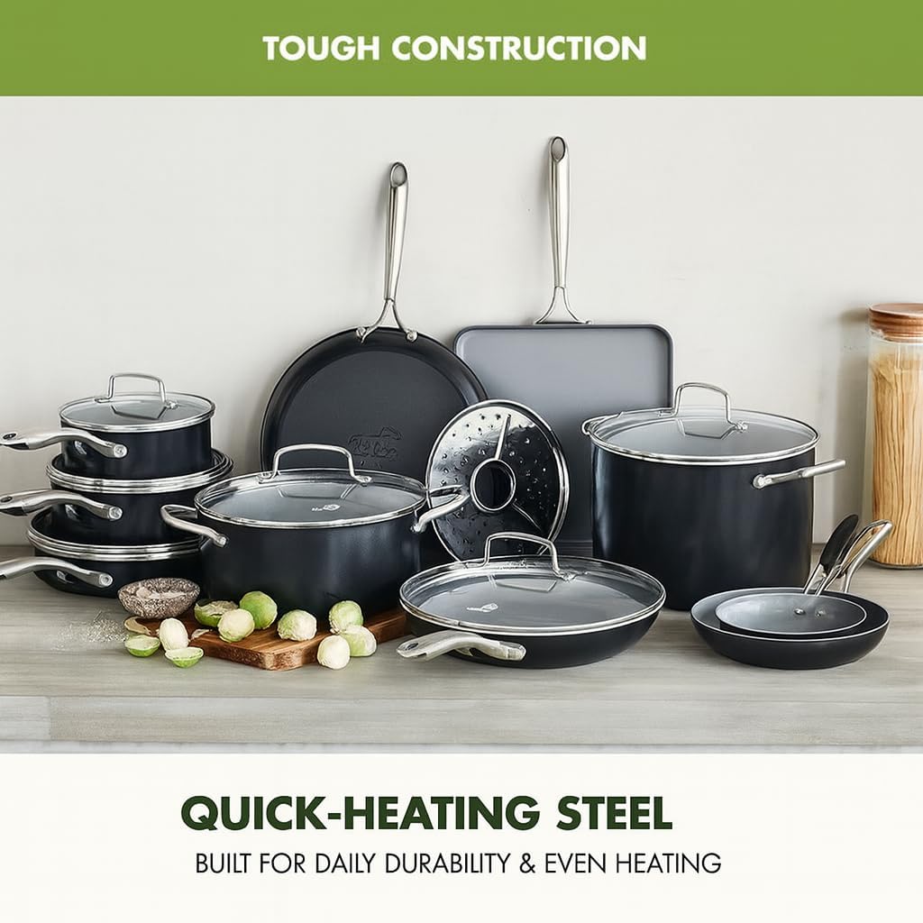 GreenPan 17 Piece Nonstick Swift Cookware Set, Ceramic PFAS-Free Pots & Pans with Lids, Dishwasher & Oven/Broiler Safe to 600F, Kitchen Cooking Set, Sauce, Saute, Stock, Griddle, Frying Pans, Gray