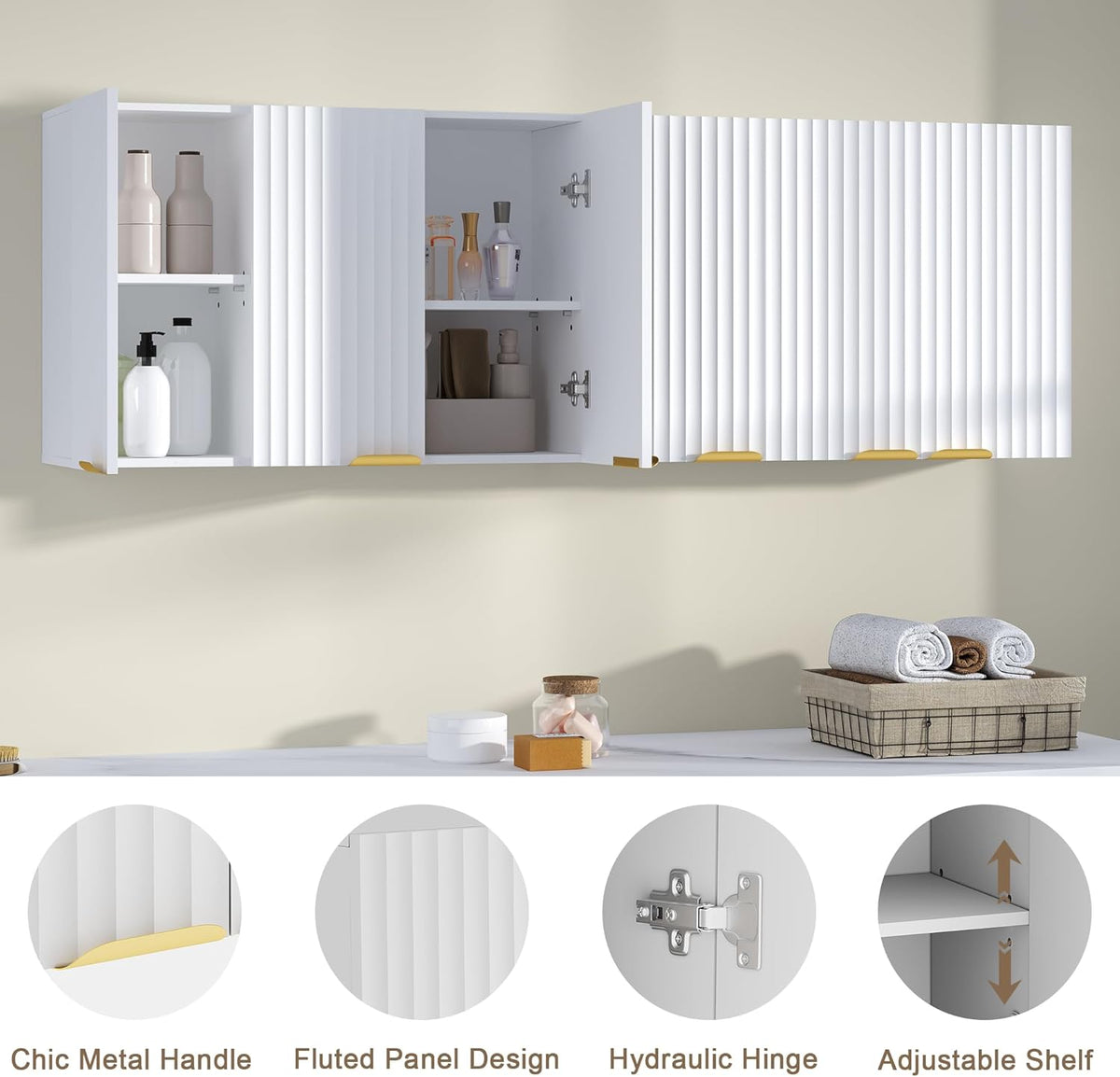 ChooChoo 3-Door Bathroom Wall Cabinet, Fluted Kitchen Wall Cabinet with Adjustable Shelf, Wall Mounted Storage Cupboard for Bathroom, Laundry Room, Entryway, Garage, White
