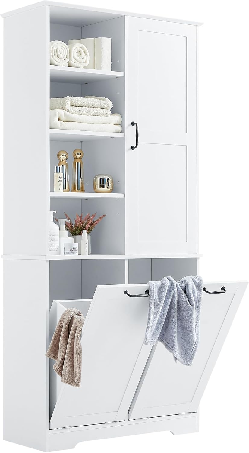 Merax Cabinet with Tilt-Out Laundry Hamper Basket, Tall Bathroom Storage Organizer Linen with Open Shelf for Home, Freestanding, White