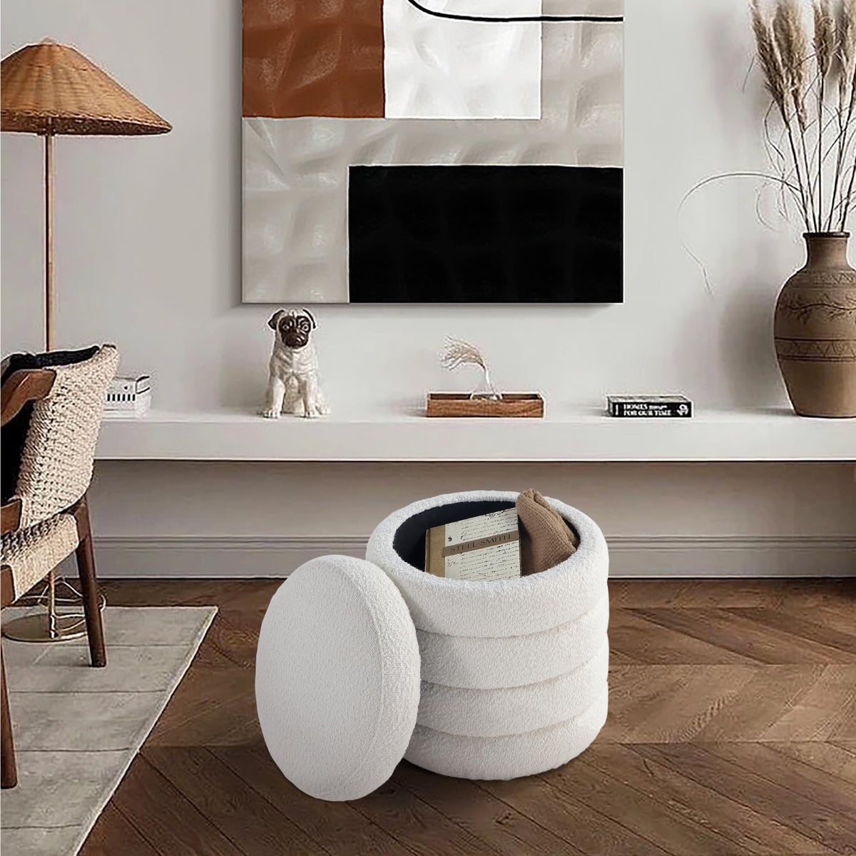 Get Set Style Modern Round Ottoman with Soft Padded Seat, Storage Vanity Chairs for Makeup, Upholstered Footrest Stool Ottoman Foot Stool for Living Room, Bedroom