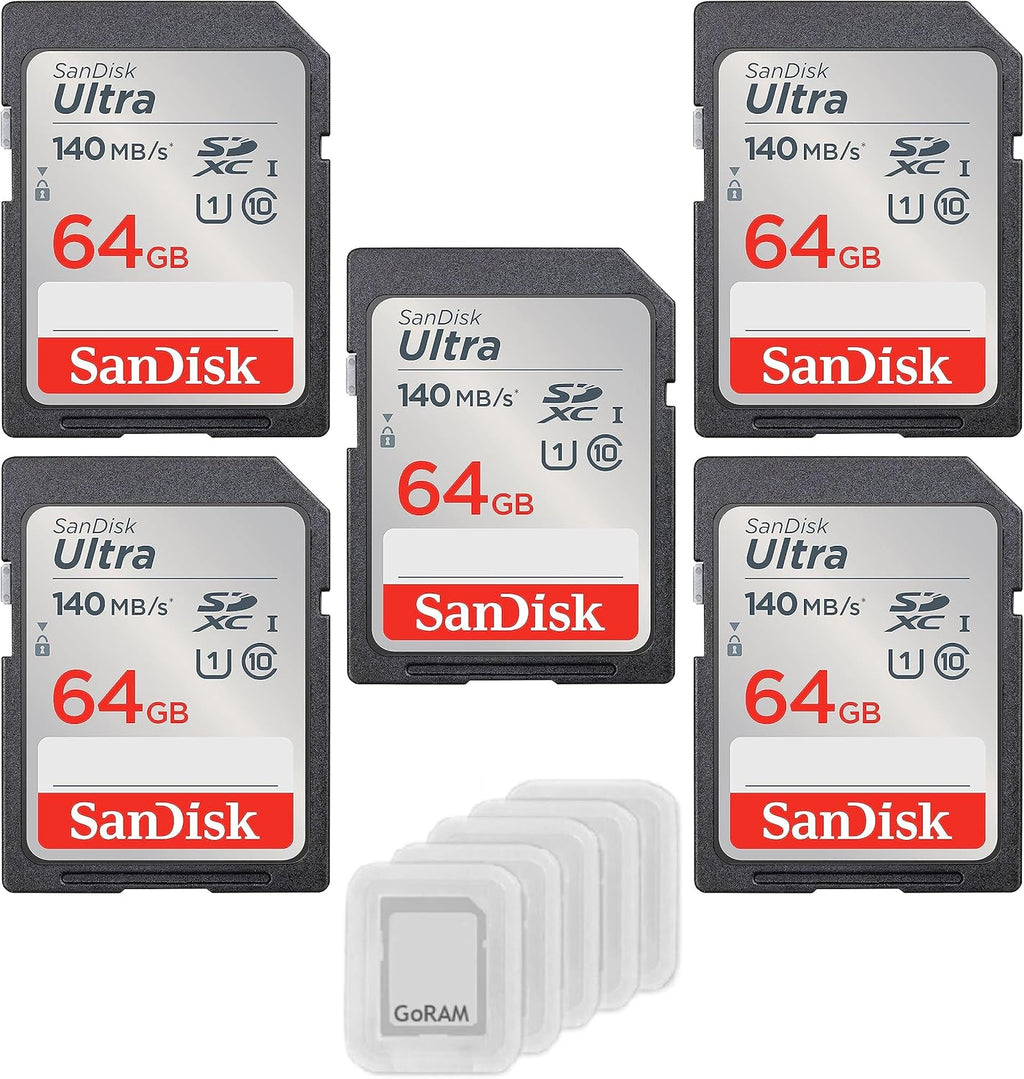 SanDisk 64GB Ultra SDXC UHS-I Class 10 Memory Card 140MB/s U1, Full HD, SD Camera Card SDSDUNB-064G (5 Pack) Bundle with (5) GoRAM Plastic Cases