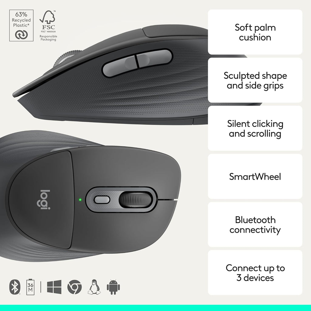 Logitech Signature Comfort Plus Combo MK880 Wireless Keyboard and Mouse Combo, Full-Size Comfort Keyboard with Palm Rest, Silent Clicks, Bluetooth, for Windows and macOS - Graphite