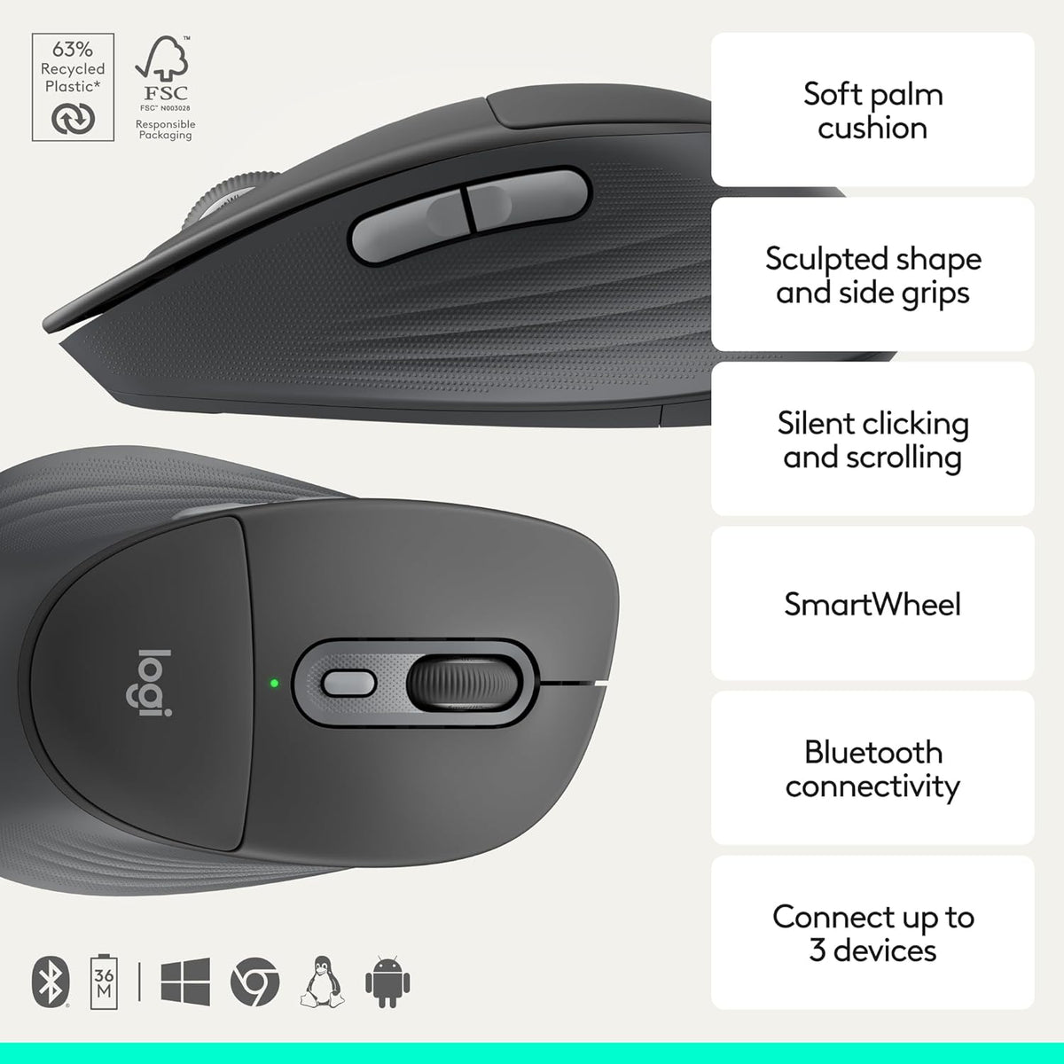 Logitech Signature Comfort Plus Combo MK880 Wireless Keyboard and Mouse Combo, Full-Size Comfort Keyboard with Palm Rest, Silent Clicks, Bluetooth, for Windows and macOS - Graphite