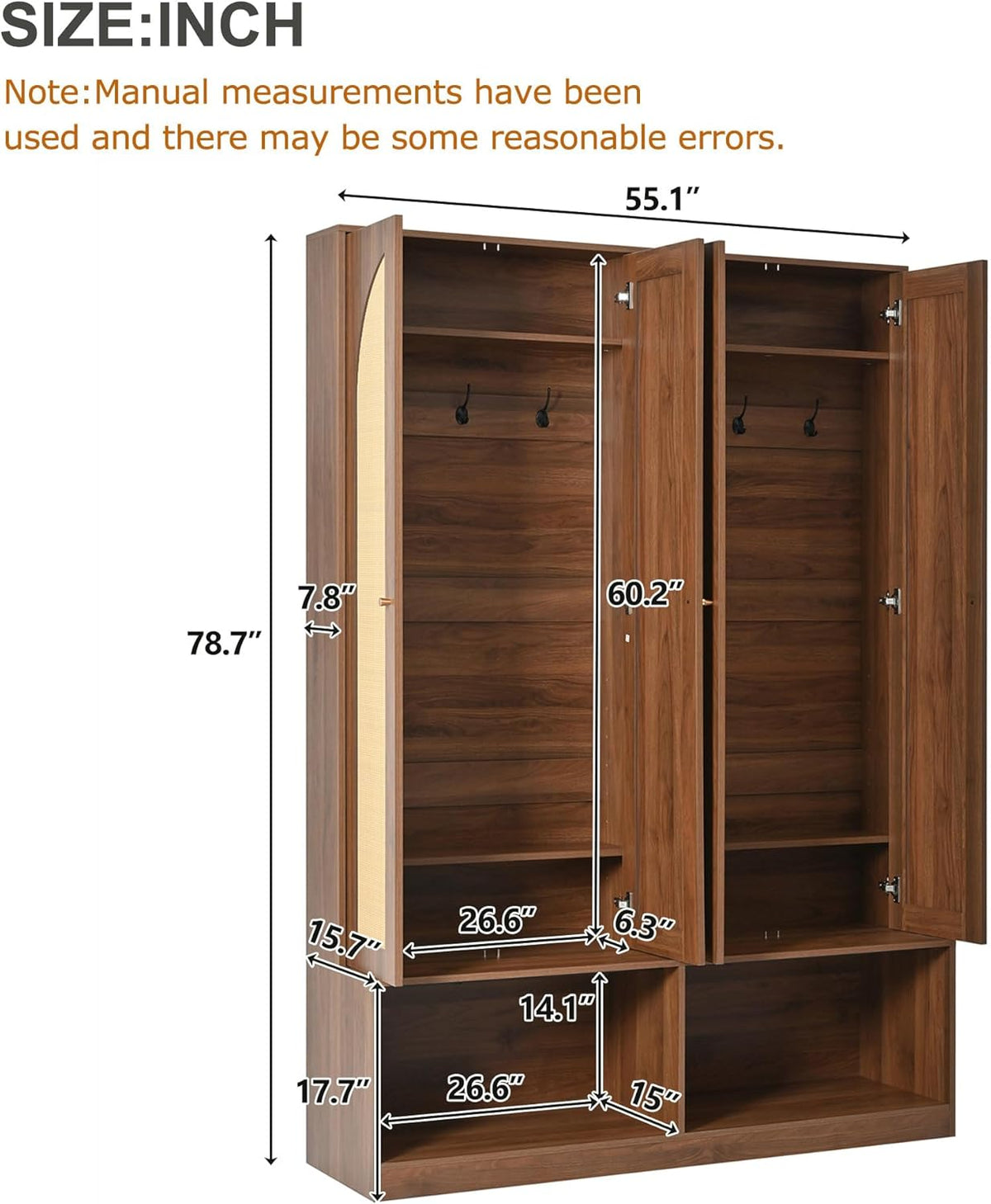 LUMISOL Wide Entryway Hall Tree with Storage Bench and 4 Rattan Doors, 78.7”H Farmhouse Entryway Coat Rack with 6 Hidden Hooks, 4-in-1 Mudroom Organizer with Adjustable Shelf, for Living Room, Walnut