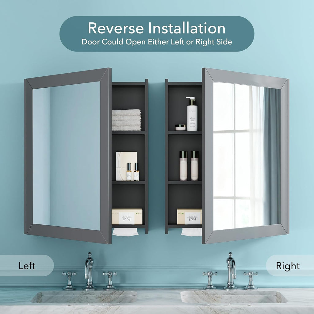VANIRROR Bathroom Cabinet - Large Single Door 24x30 inchs Wall Cabinet Mirror Medicine Cabinet with Facial Tissues Slot and Multifunctional Storage Area