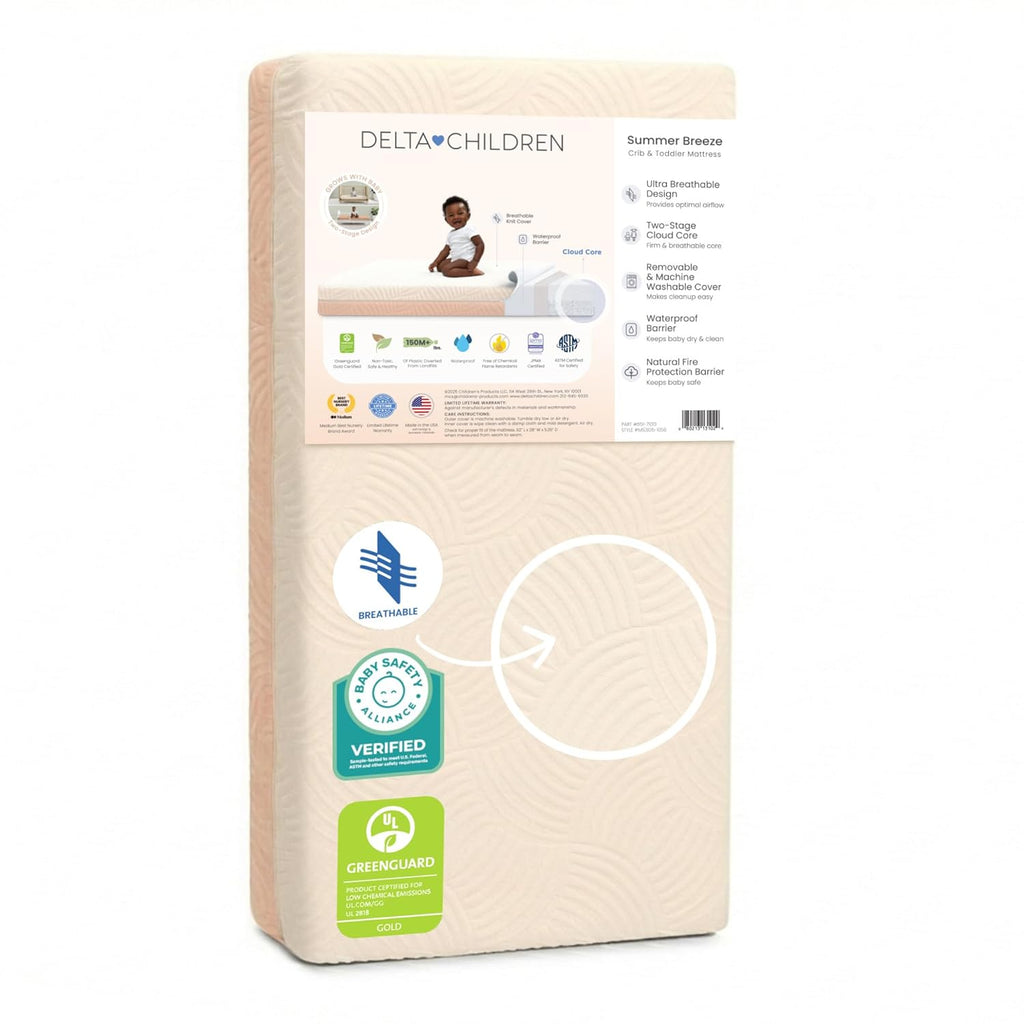 Delta Children Summer Breeze Mattress - Breathable Baby Crib & Toddler Mattress with Cloud Core - Machine Washable Cover - GREENGUARD Gold – Waterproof - Sustainably Sourced Core, Apricot/White