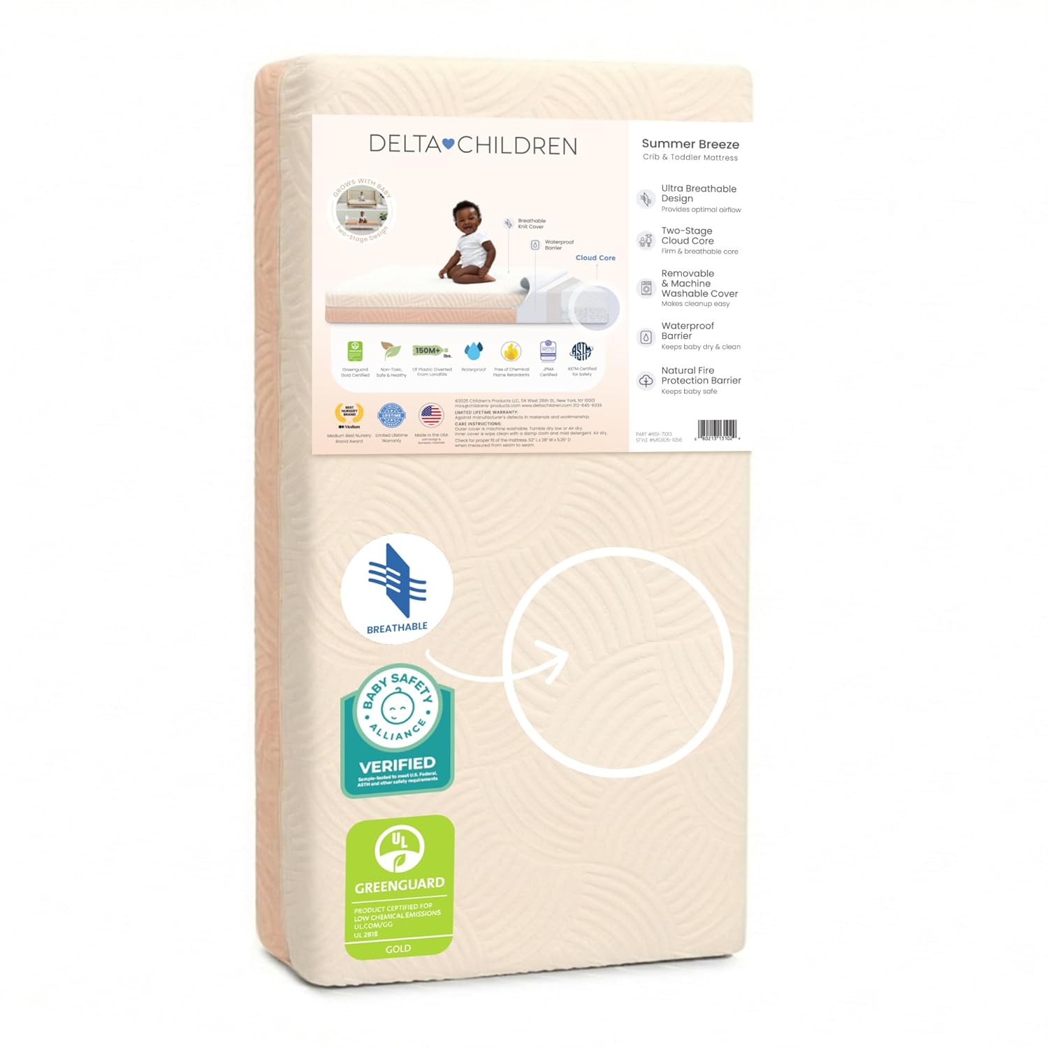 Delta Children Summer Breeze Mattress - Breathable Baby Crib & Toddler Mattress with Cloud Core - Machine Washable Cover - GREENGUARD Gold – Waterproof - Sustainably Sourced Core, Apricot/White
