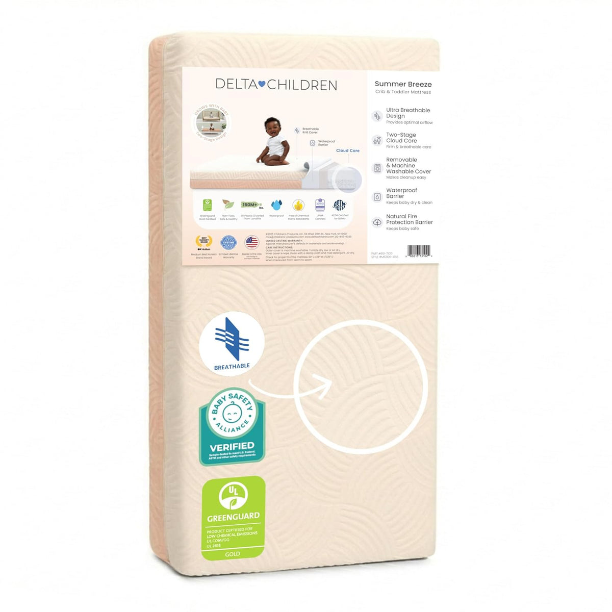 Delta Children Summer Breeze Mattress - Breathable Baby Crib & Toddler Mattress with Cloud Core - Machine Washable Cover - GREENGUARD Gold – Waterproof - Sustainably Sourced Core, Apricot/White