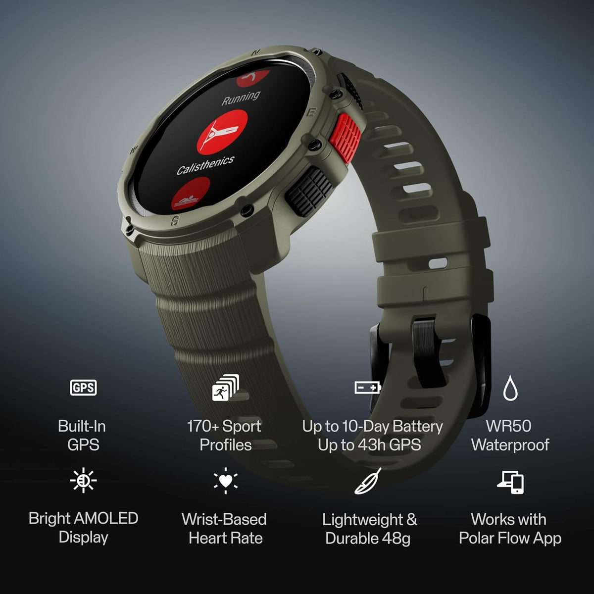 Polar Street X – GPS Running Sports Watch – Rugged Waterproof – 170+ Sport Profiles – 10 Day Battery – AMOLED Display – Wrist Based Heart Rate Monitor – Built-in Flashlight