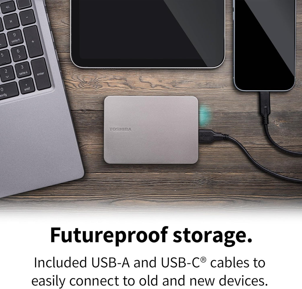 Toshiba Canvio Flex 1TB – Portable 2.5'' External Hard Drive (HDD) for Mac, Windows PC, Smartphone and Tablet Use, Compatible with Most USB-C and USB-A Devices, Warm Silver (HDTX210ESCAA)