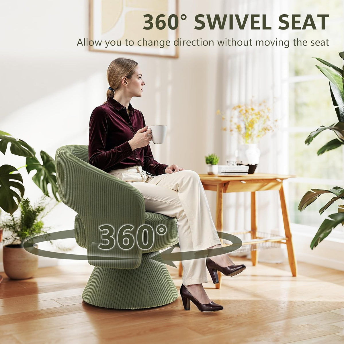 HOMCOM 360° Swivel Accent Chair, Corduroy Upholstered Barrel Chair, Modern Armchair with Thick Padding for Living Room, Bedroom, Reading Room, Green