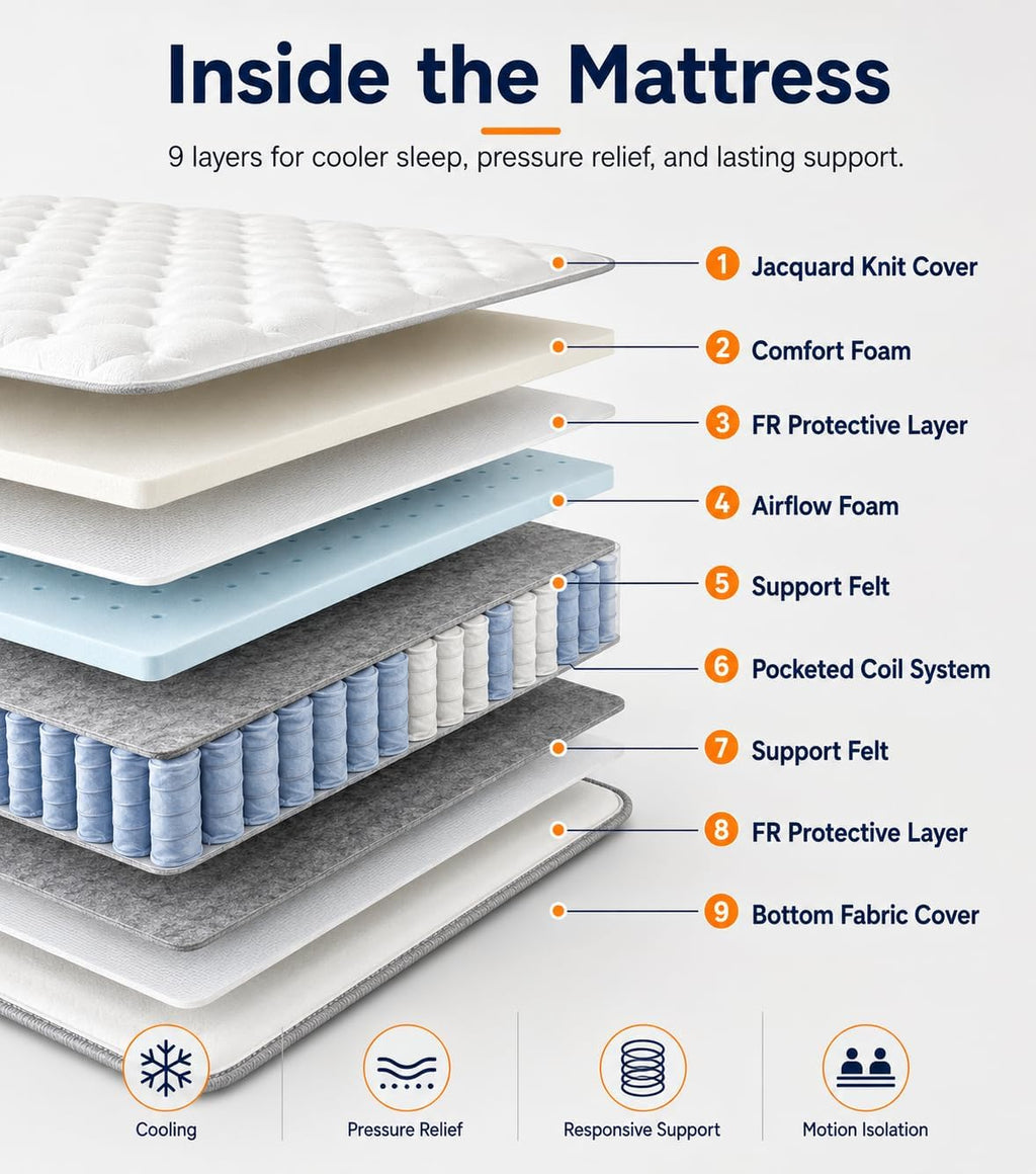 Queen Mattress, 14 Inch Medium Firm Hybrid Queen Mattress Cooling Gel Memory Foam Individually Wrapped Pocket Coils, Excellent Edge Support, Zone Support for Back Neck Pain Relief, Fiberglass-Free