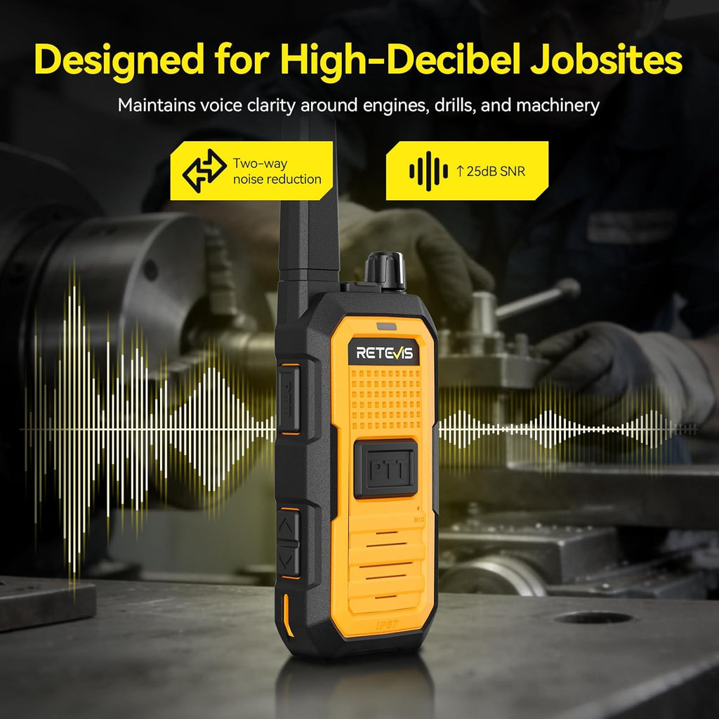 Retevis RB48A IP67 Waterproof Walkie Talkies Long Range Adults, Heavy Duty 2 Way Radio, Noise Reduction, Large PTT, 1000mW Speaker, 23-Hour, Rechargeable, for Manufacturing Construction (10 Pack)