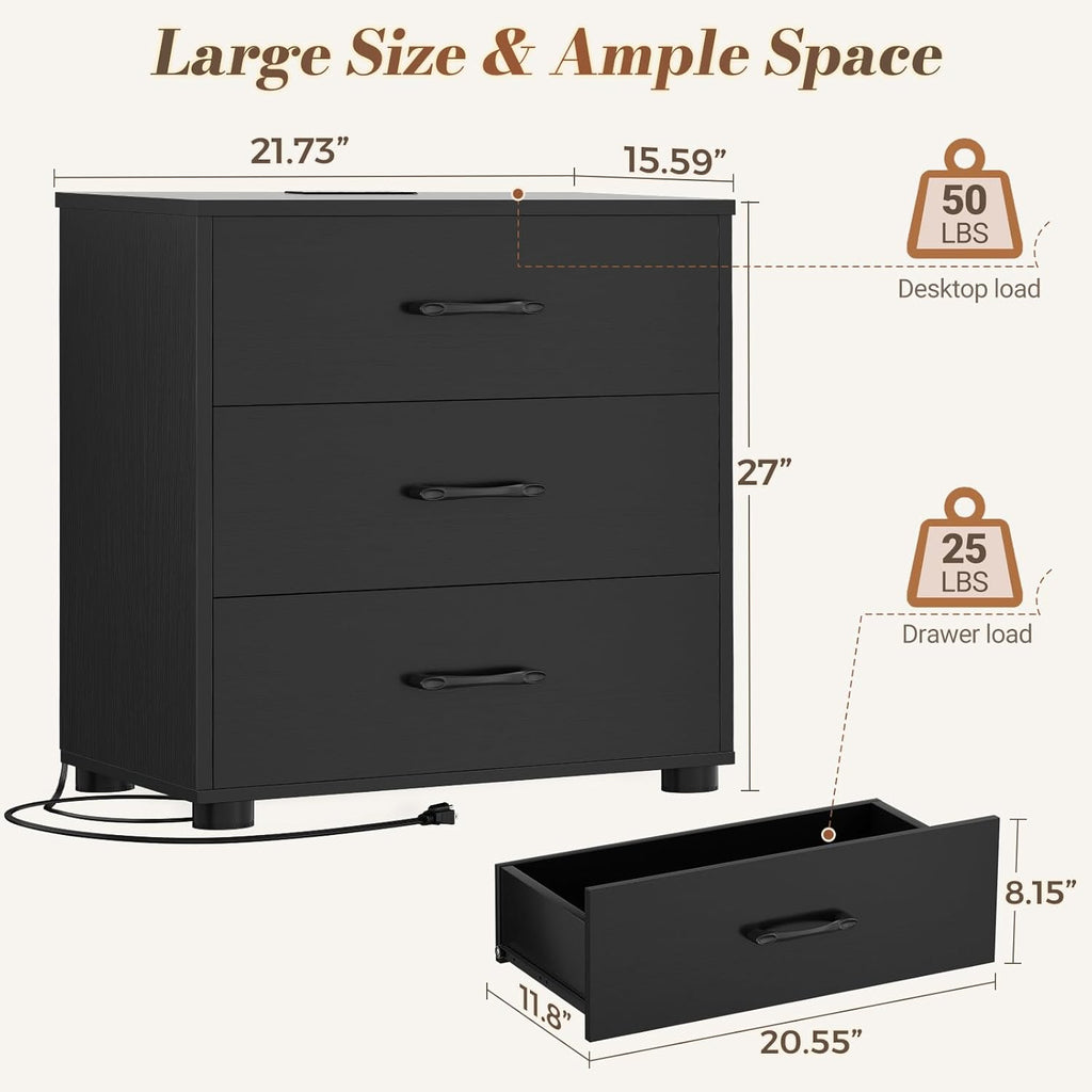 Aheaplus Night Stand with Charger Station, 21.7'' Wider Nightstands with 3 Wooden Drawers, Large Bedside Table, Modern Tall End Side Table, Nightstand for Bedroom, Black