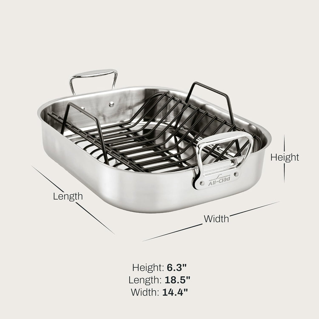 All-Clad Specialty Stainless Steel Roaster and Nonstick Rack 16x13x5 Inch Oven Broiler Safe 600F Roaster Pan, Pots and Pans, Bakeware, Turkey, Silver