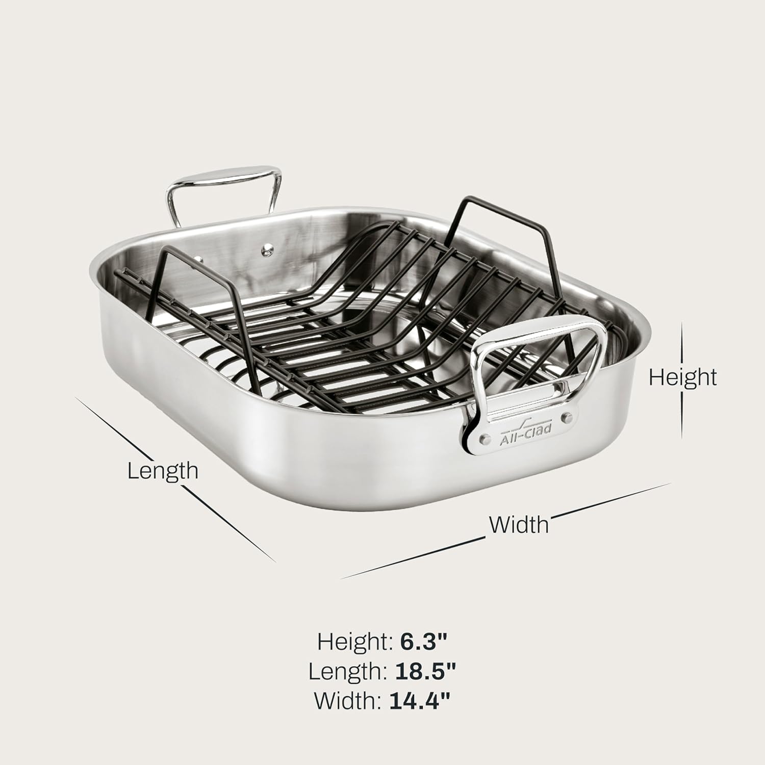 All-Clad Specialty Stainless Steel Roaster and Nonstick Rack 16x13x5 Inch Oven Broiler Safe 600F Roaster Pan, Pots and Pans, Bakeware, Turkey, Silver