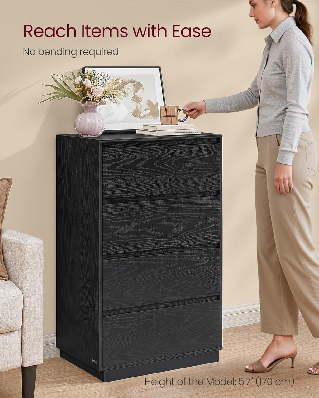VASAGLE Kailyn Collection - 4-Drawer Dresser for Bedroom, Chest of Drawers, Storage Tower Unit, for Closet Living Room Entryway, Modern Minimalist, 15.9 x 23.7 x 38.3 Inches, Ink Black ULTS614BE04S