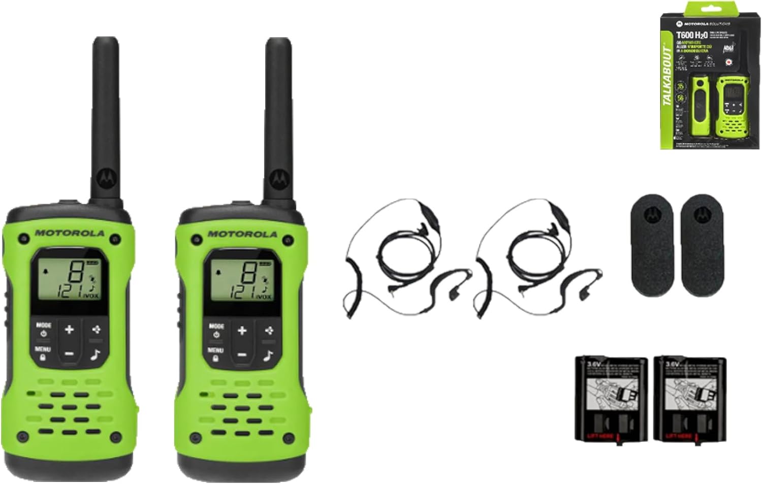 Motorola Solutions, Portable FRS Talkabout T600 H2O Two Way Radios 2-Pack, Walkie Talkies Green Waterproof 2 PTT Earpieces Rechargeable