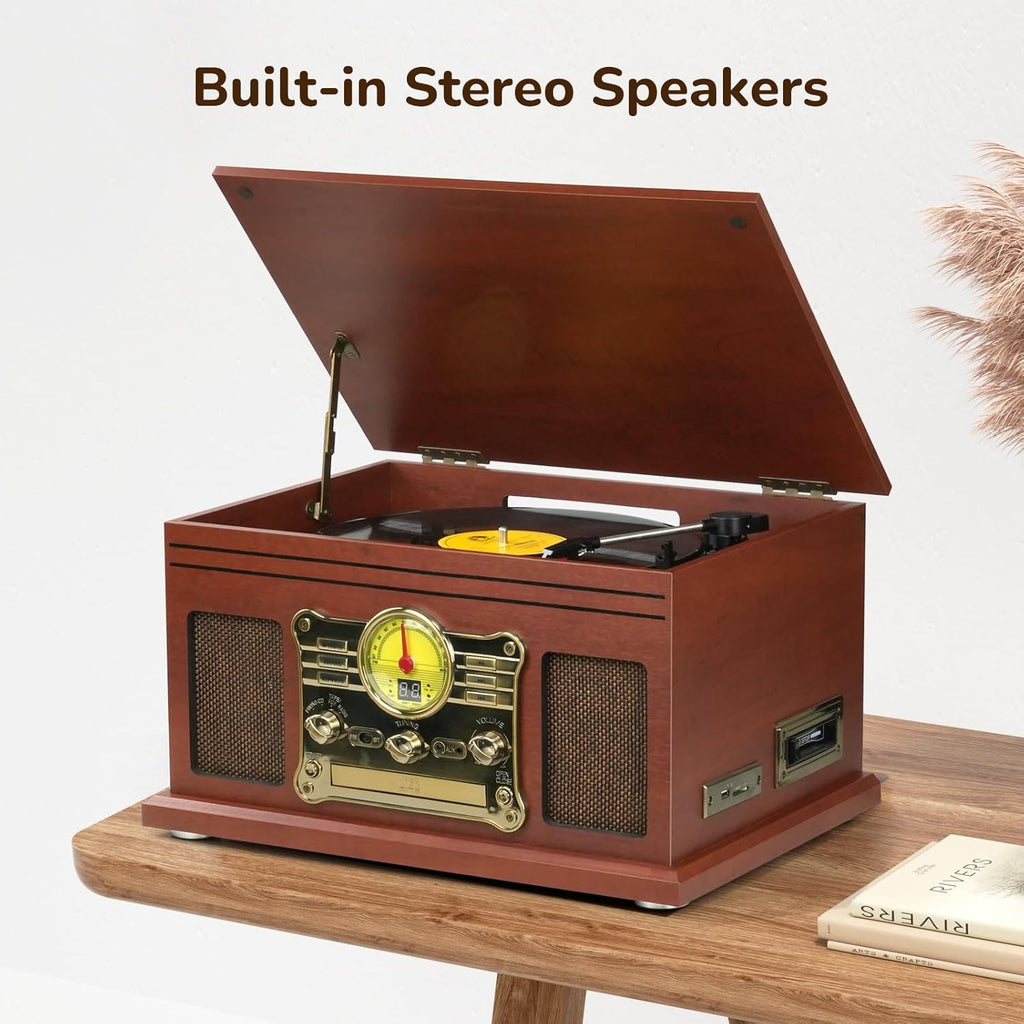 FEKTIK Bluetooth Record Player 10 in 1, 3-Speed Turntable for Vinyl with Speakers, LP to MP3 Converter, CD, Cassette Player, FM Radio, Wireless Streaming | Mahogany