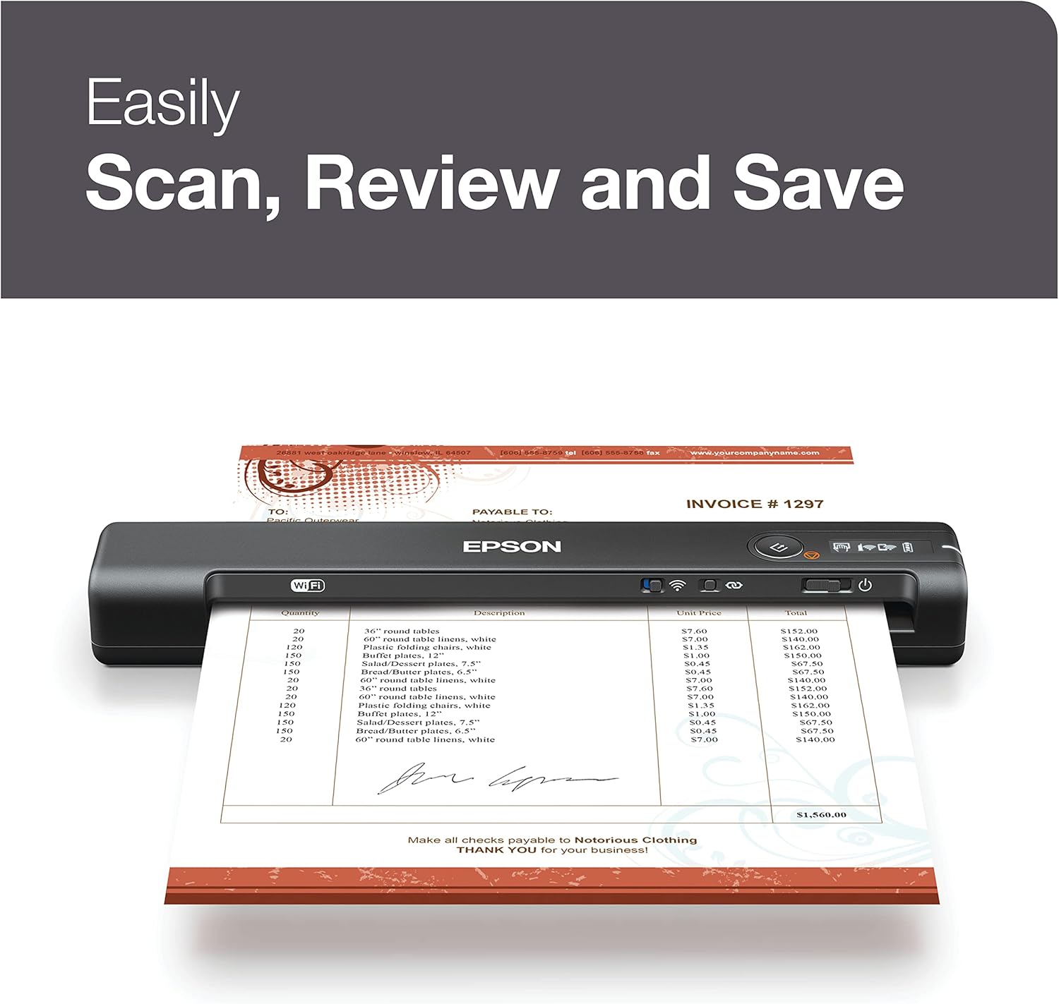 Epson Workforce ES-60W Wireless Portable Sheet-fed Document Scanner for PC and Mac 10.7" by 1.9" by 1.4"