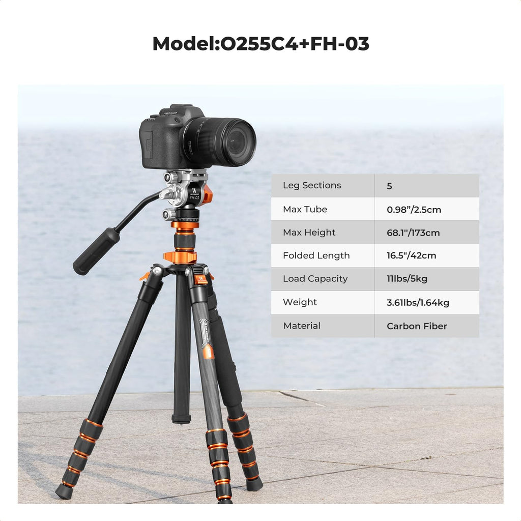K&F CONCEPT Tripod for Camera .68'' Carbon Fiber Tripod with Fluid Head Max Load 11lb, Lightweight DSLR Camera Tripods & Monopods for Canon Sony Nikon.