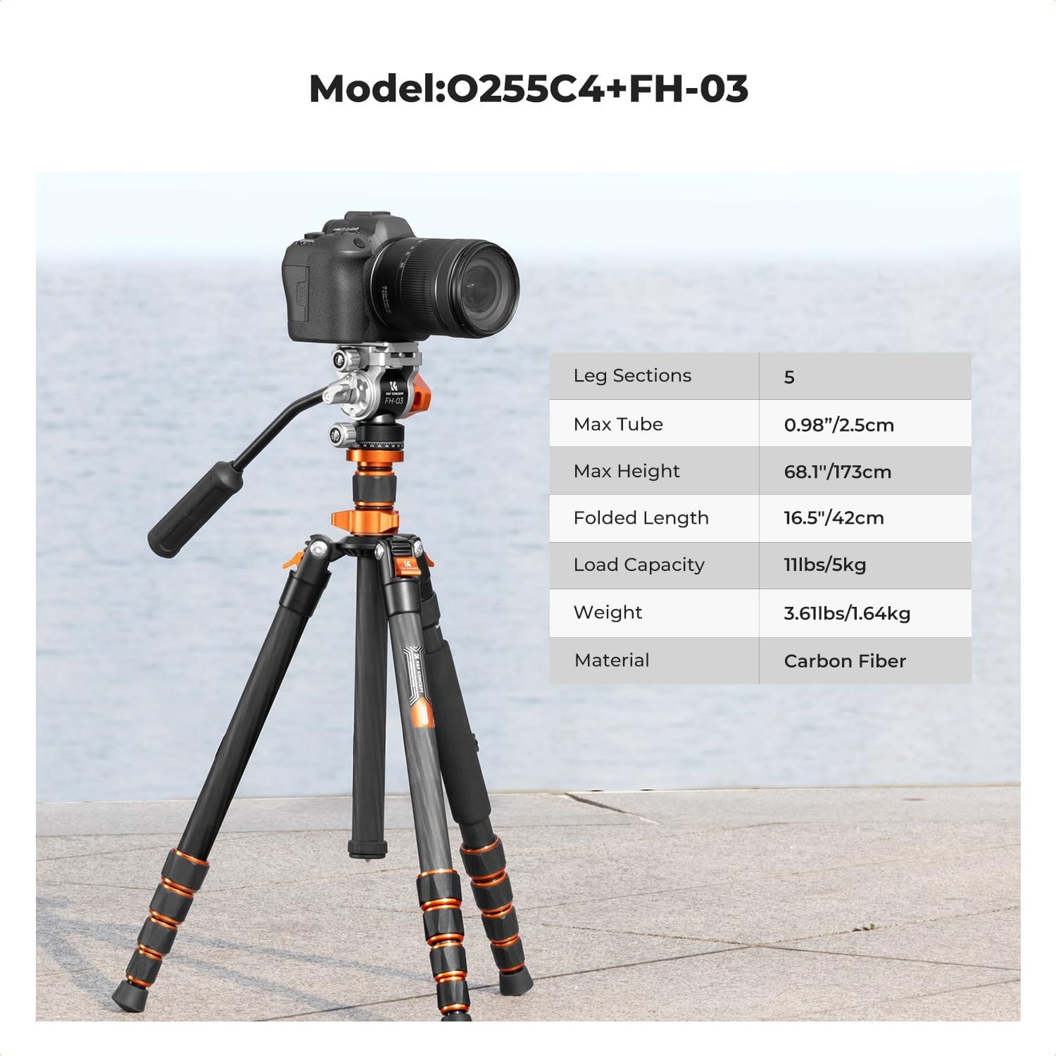 K&F CONCEPT Tripod for Camera .68'' Carbon Fiber Tripod with Fluid Head Max Load 11lb, Lightweight DSLR Camera Tripods & Monopods for Canon Sony Nikon.