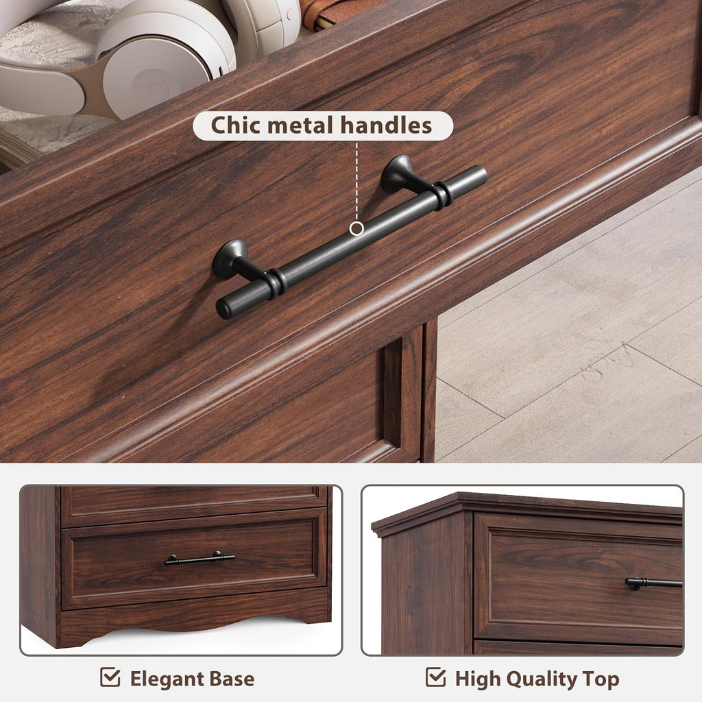 Walnut Dresser for Bedroom, Farmhouse 36" Tall 4 Drawer Chest with Sleek Brushed Metal Handles, Modern Wood Storage Cabinet with Unique Base Design, Closet Organizer for Bedroom, Living Room, Hallway