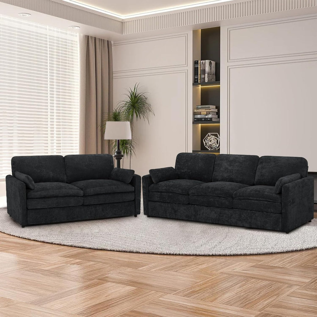 2 Pieces Chenille Sofa Set w/Two Throw Pillows, Upholstered Loveseat & 3 Seater Sofa w/Comfortable Back Cushions, Modern 2-Seat & 3-Seat w/High-Density Foam for Living Room, Apartment, Black